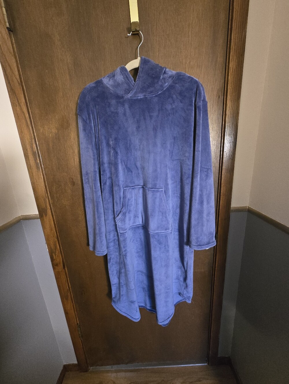 Cozy Lounge Women's Hooded Pullover Sweater Dress Knee Length- Blue XL